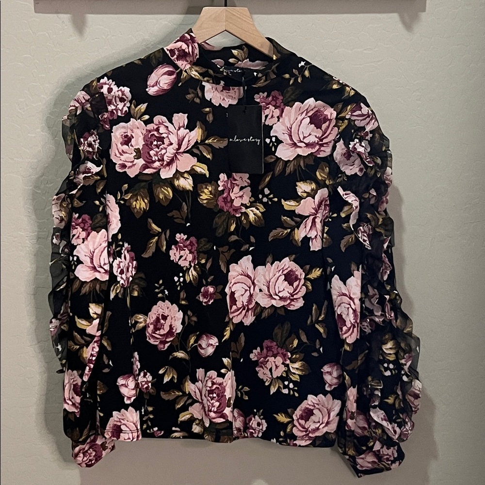 A Love Story Blouse Ruffled Sleeves Floral Black Mauve Purple Pink Mock Neck Top